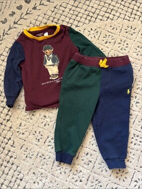 Polo by Ralph Lauren Boys Two-Tone Green & Navy Jogger Pants Set Sz 18 mo